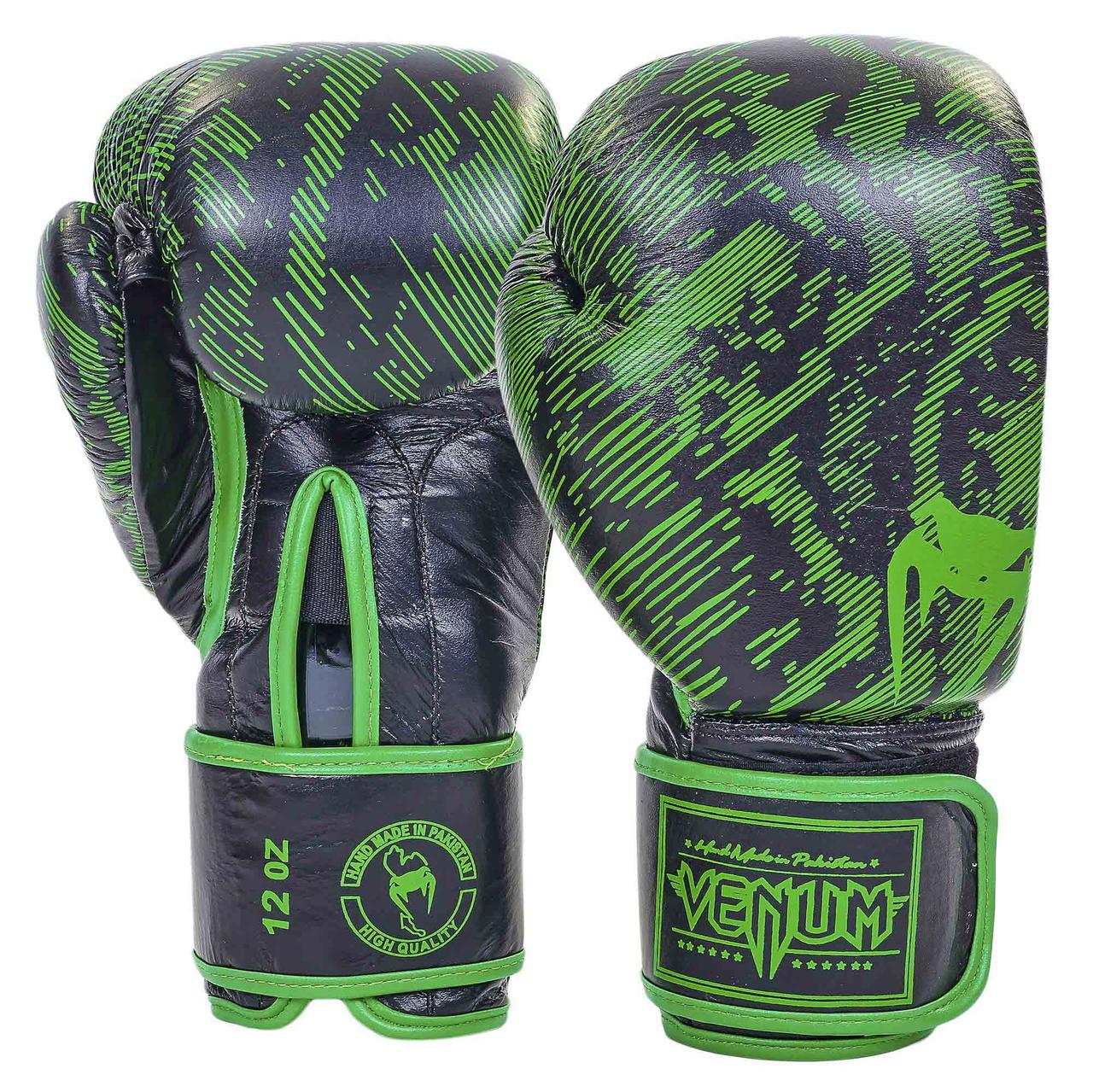 

Перчатки для бокса и единоборств Venum FUSION Heroe кожаные 5796 Black-Green 10 унций