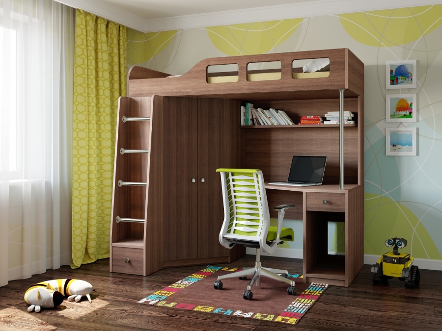 

Детская Кровать-чердак для школьника со шкафом, полками и столом с тумбой 198х114х186см дуб шамони 64996