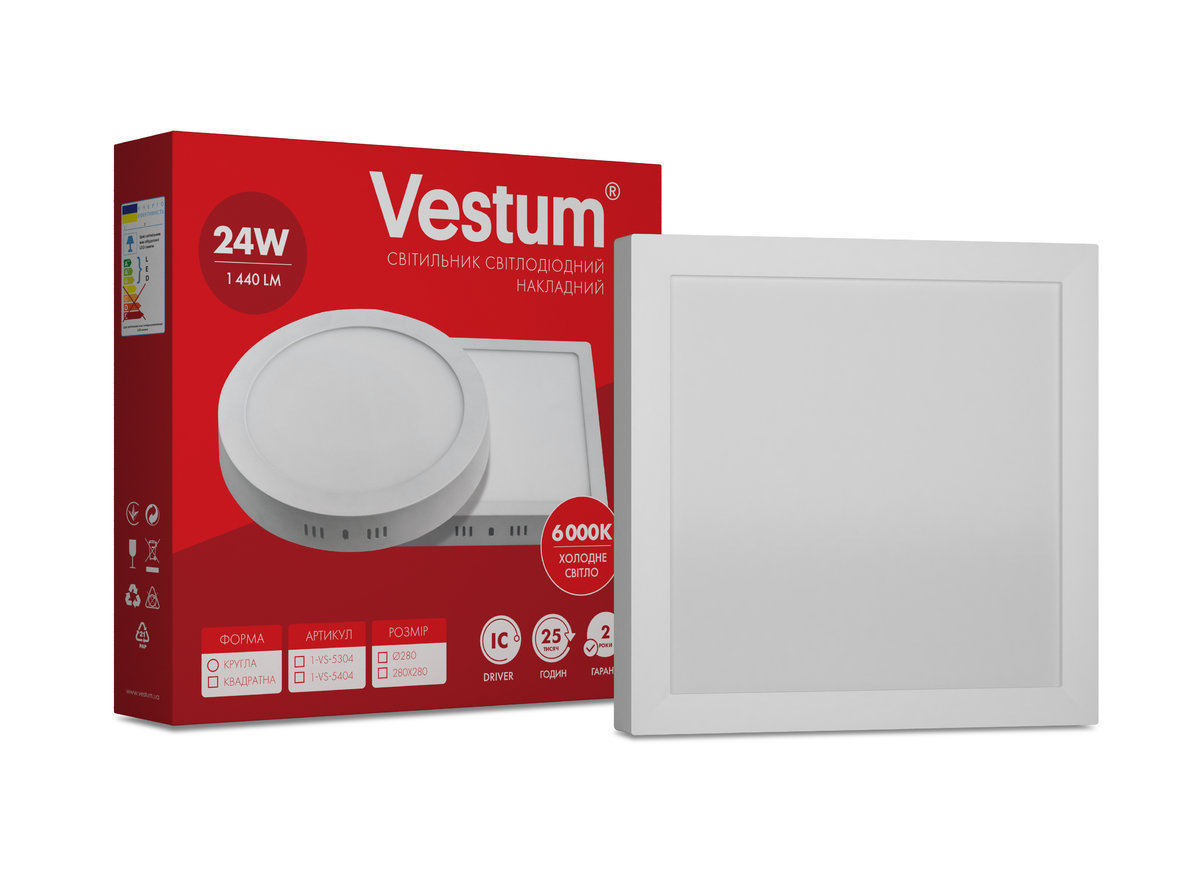 

Квадратный светодиодный накладной светильник Vestum 24W 6000K 220V 1-VS-5404
