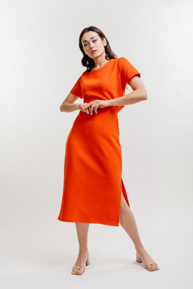 

Трикотажное платье-миди коралловое с короткими рукавами и вырезом на спине Arjen размер S (26483-C-S)