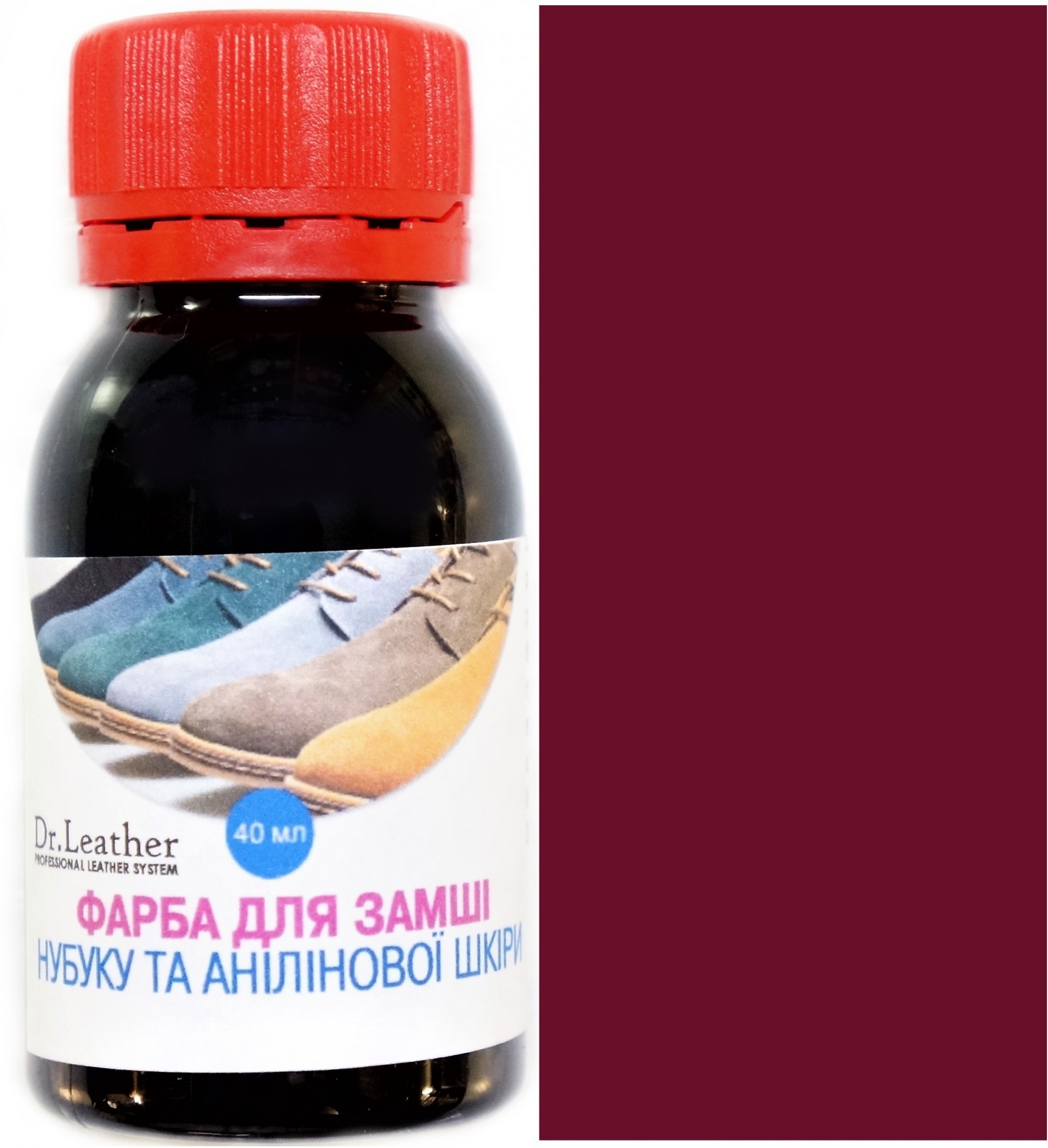

Краска для замши анилина нубука велюр DrLeather Aniline Dye 40мл Рубиновый F008 0005