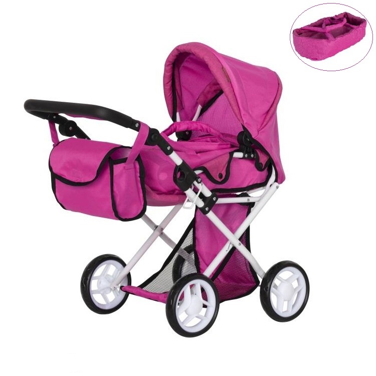 

Коляска для кукол CARRELLO UNICO 9346 Hot pink с люлькой-переноской, багажной корзиной и сумкой