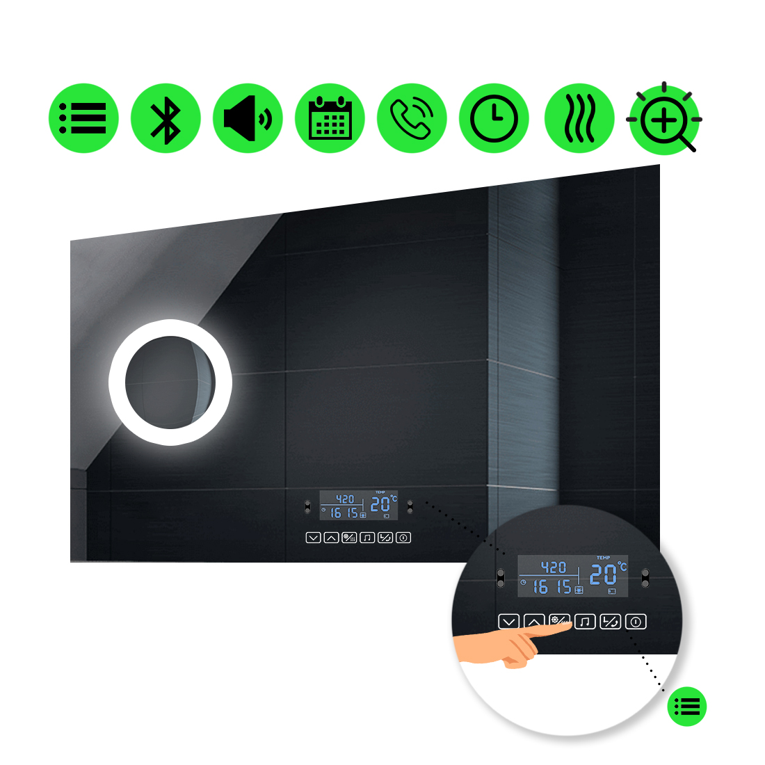 

Зеркало Lucia с Led-подсветкой, мультиблоком, линзой с подсветкою и подогревом 80x70 см
