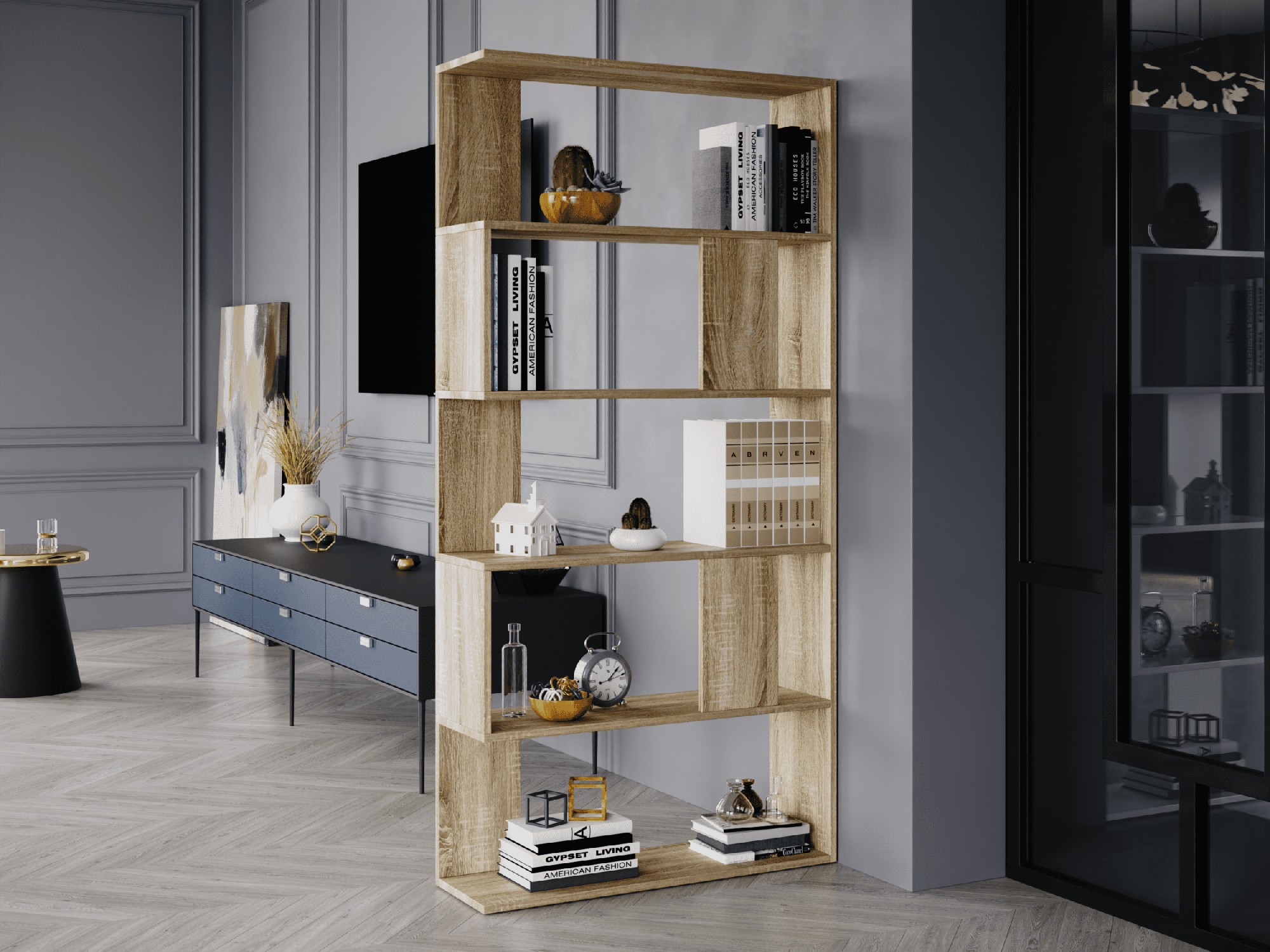 

Стеллаж-перегородка для зонирования комнаты DrevoGoods для дома и офиса двусторонний, напольный, пристенный, деревянный на 6 полок для книг 800 х 1626 х 236 мм Дуб Сонома