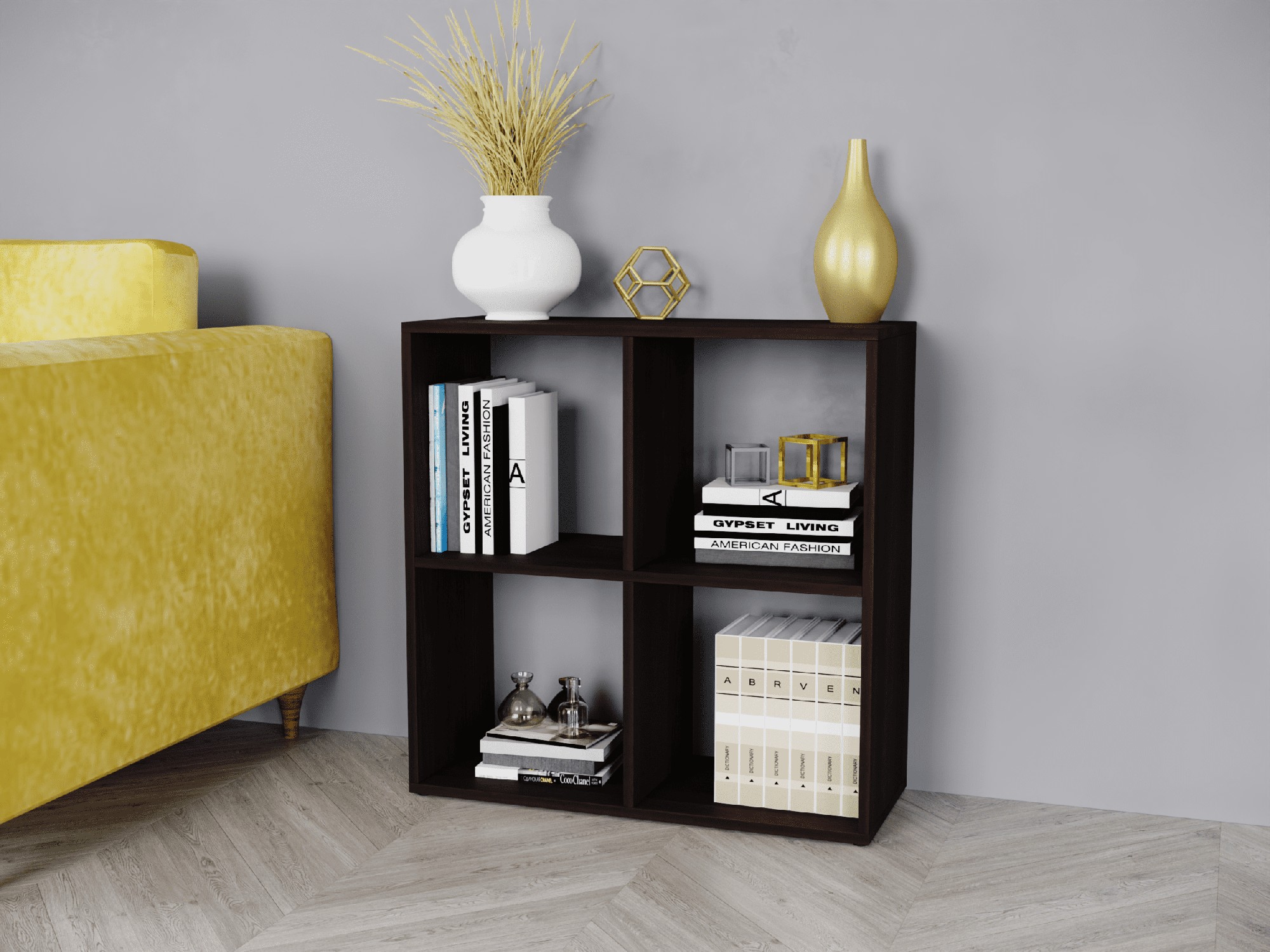 

Стеллаж для дома и офиса DrevoGoods деревянный, напольный, настенный с полками для книг на 4 ячейки 720 х 726 х 290 мм Венге