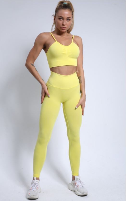

Женский бесшовный фитнес костюм (леггинсы + бра) Fitqode H08 M Желтый