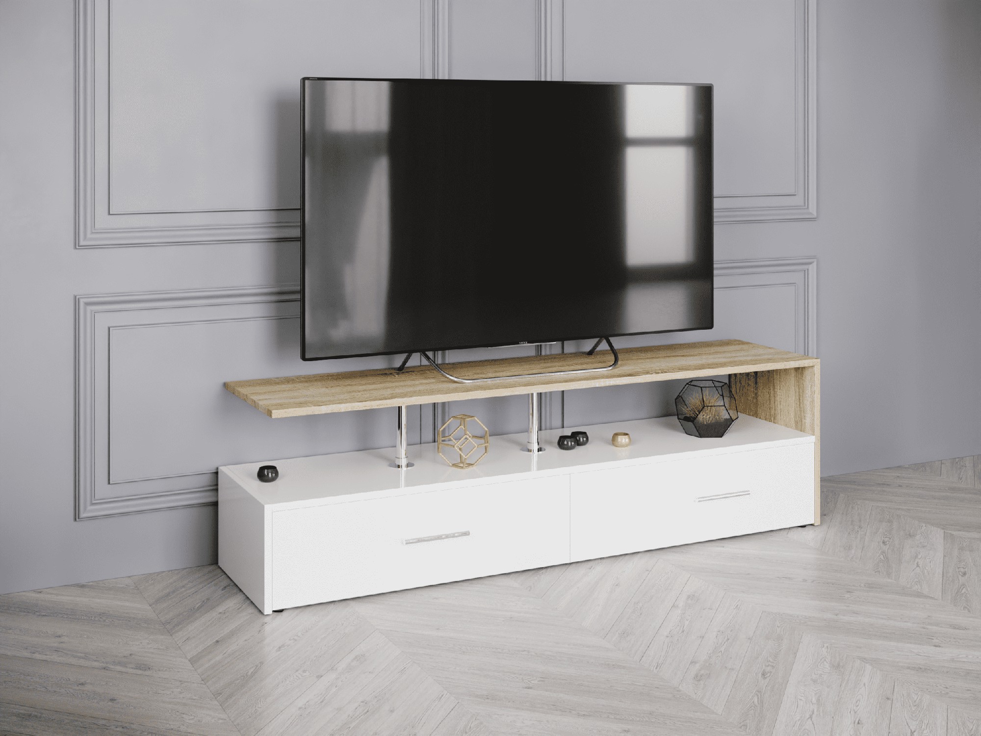 

Тумба-комод под телевизор напольная длинная DrevoGoods из дерева с ящиками и полками в современном классическом стиле в гостиную, спальню 1400 х 416 х 350 мм Дуб Сонома + Белый