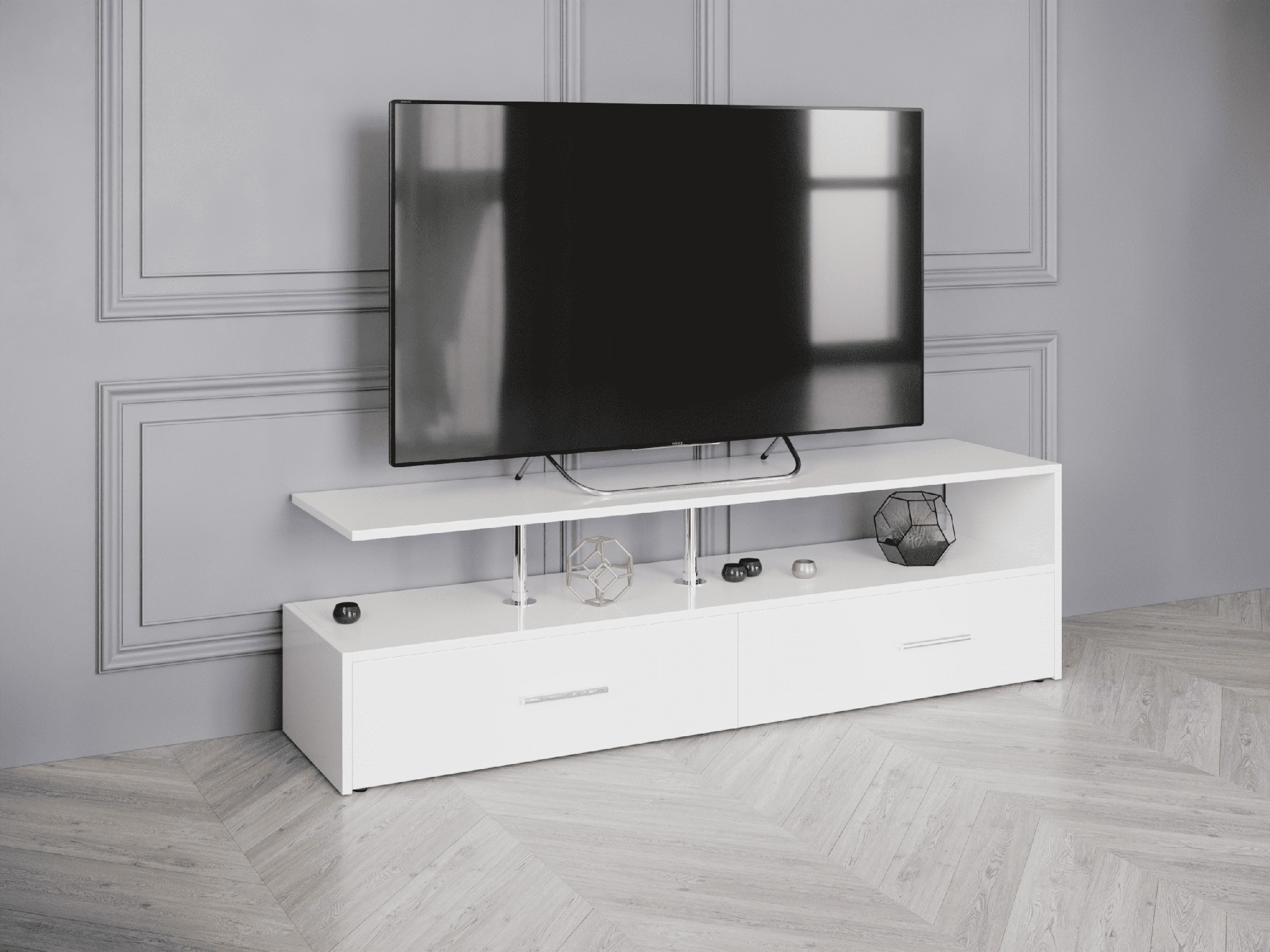 

Тумба-комод под телевизор напольная длинная DrevoGoods из дерева с ящиками и полками в современном классическом стиле в гостиную, спальню 1400 х 416 х 350 мм Белый