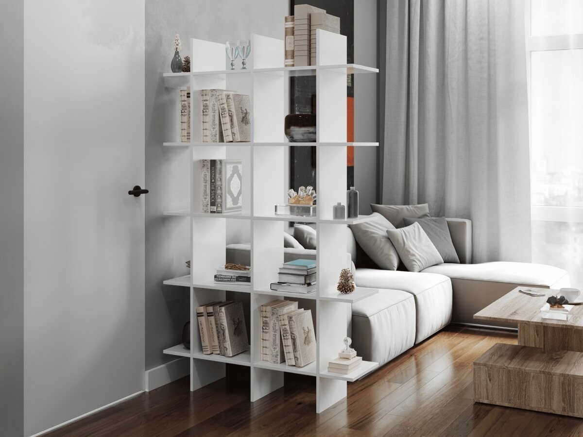 

Стеллаж-перегородка для зонирования комнаты DrevoGoods Ёжик для дома и офиса двусторонний, напольный, пристенный, деревянный с полками для книг на 8 ячеек 1056 х 1760 х 300 мм Белый