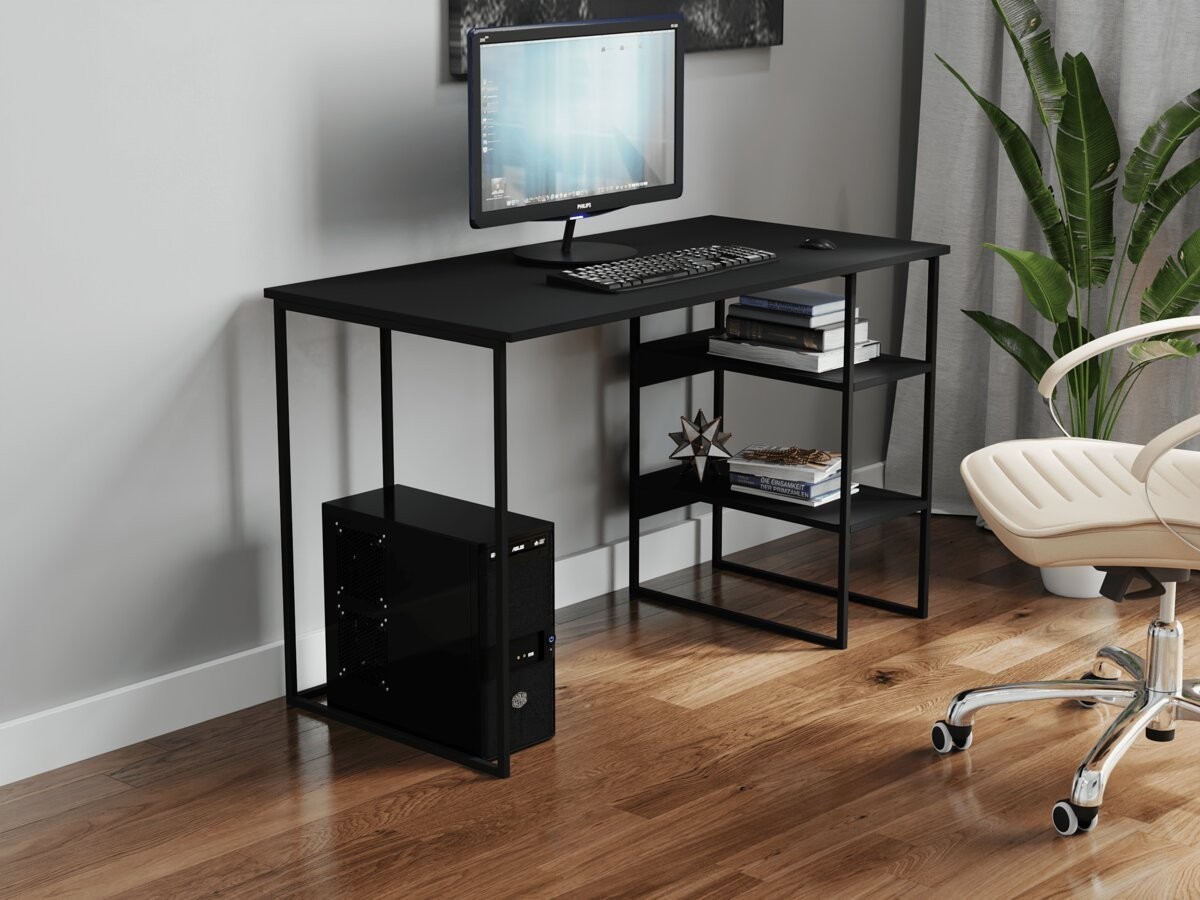 

Стол компьютерный письменный с металлическим каркасом в стиле Лофт (Loft) прямой рабочий для дома и офиса 1400х750х600мм; металл: Черный, дерево: Черный + стеллаж с полками