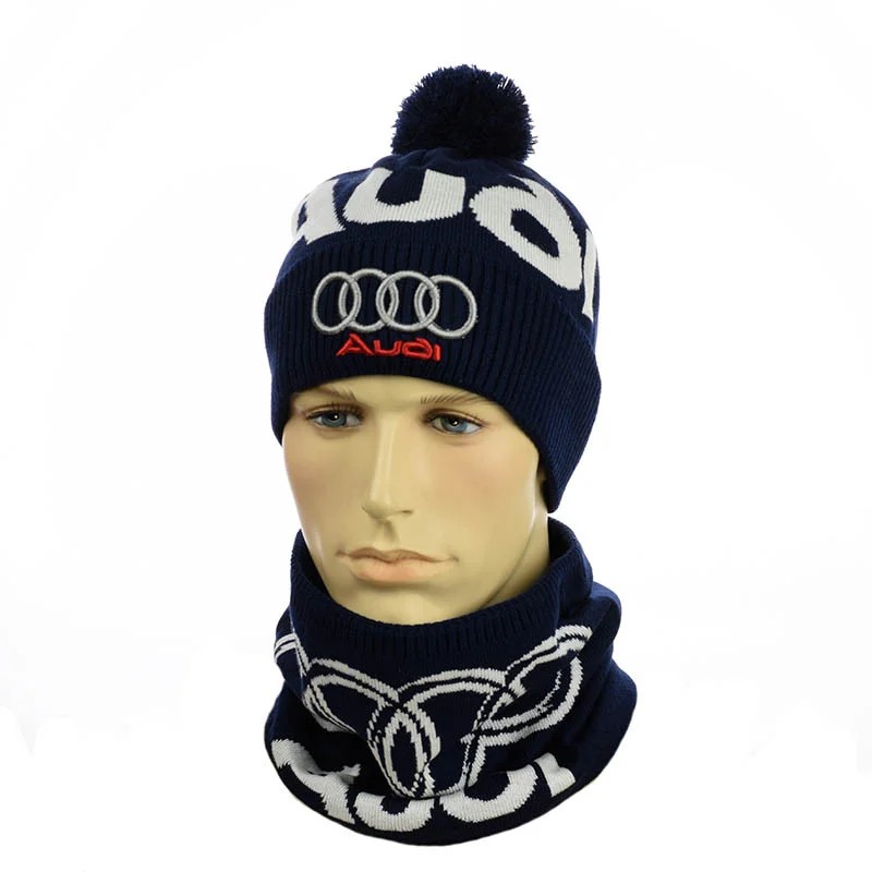 

Мужской вязаный набор на флисе шапка + снуд STD Ukraine Ауди (Audi) Темно-синий