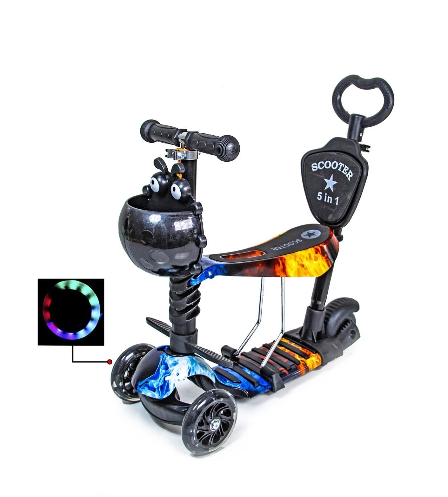 

Детский самокат Scale Sports 5 в 1 Огонь и лед чёрный цвет