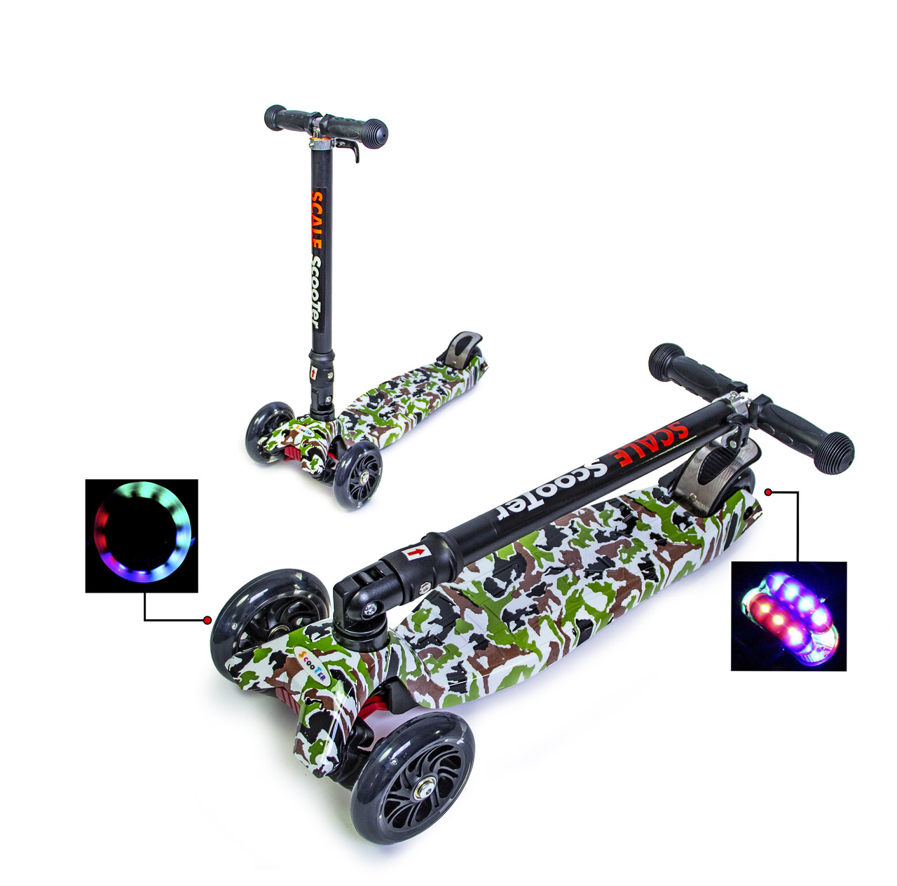 

Детский самокат Scale Sports MAXI Камуфляж складной руль зеленый цвет