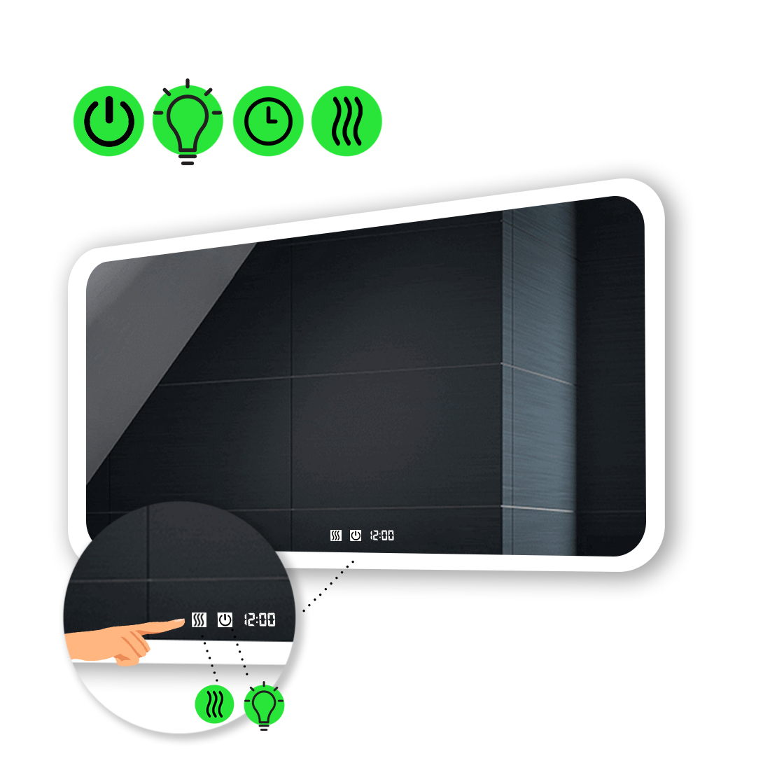 

Зеркало Ahana с Led-подсветкой, с двух канальными сенсорами, с часами и подогревом 80x60 см