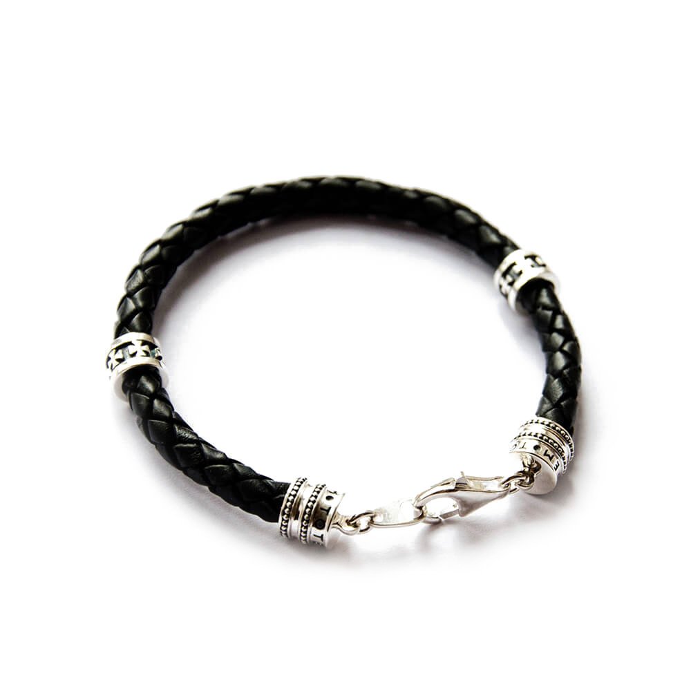 

Кожаный браслет Symbols (мальтийский крест) с серебряными вставками t50-02 Оникс