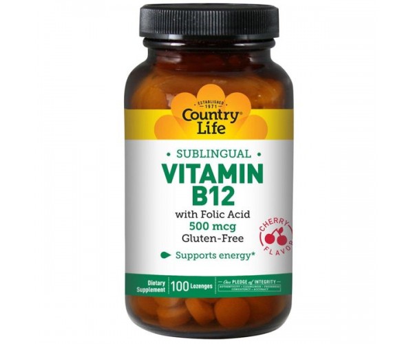 

Вітамін В-2 і фолієва кислота Vitamin B12 Folic Acid Country Life 500 мкг 100 льодяників (COL017)