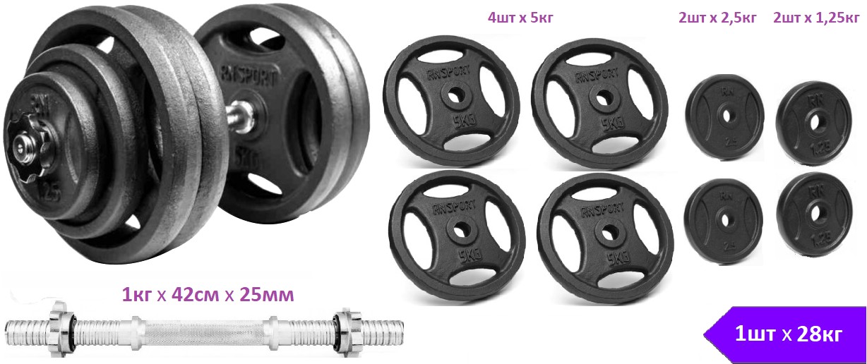 

Гантель разборная 28 кг чугунная RN-Sport (RN_QTR28) металлический хромированный гриф 42см х 25мм