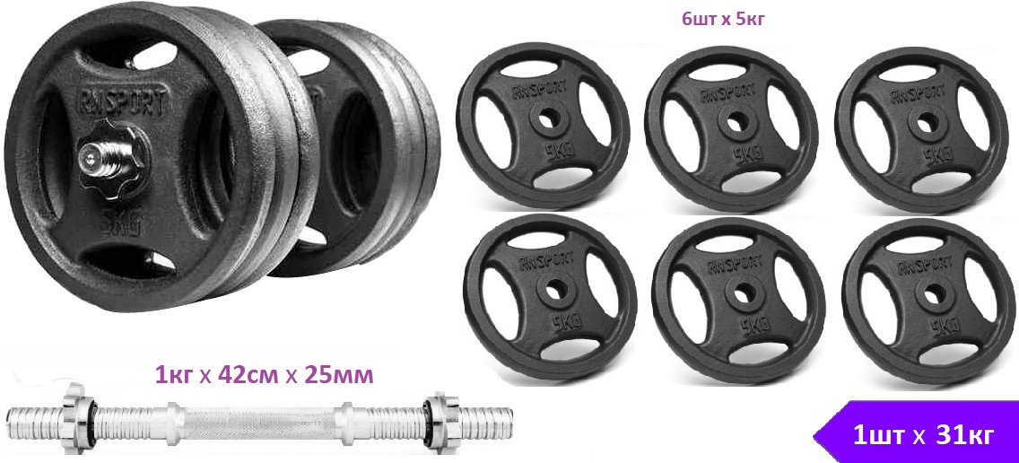 

Гантель разборная 31 кг чугунная RN-Sport (RN_QTR31) металлический хромированный гриф 42см х 25мм