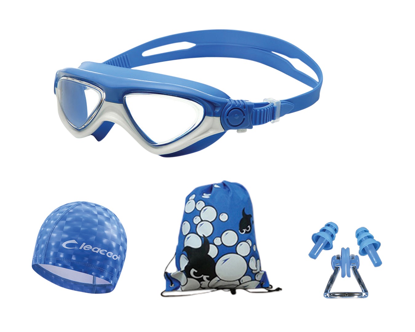 

Набор детский для плавания, детские очки-полумаска, тканевая шапочка, беруши и зажим для носа, сумка для вещей в бассейн, Leacco, синего цвета NG-05 №1