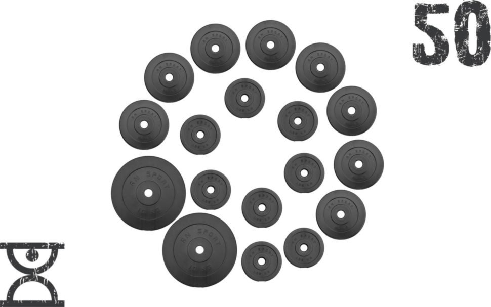 

50 кг (2 по 10, 8 по 2,5, 8 по 1.25) дисков, покрытых пластиком (31 мм)