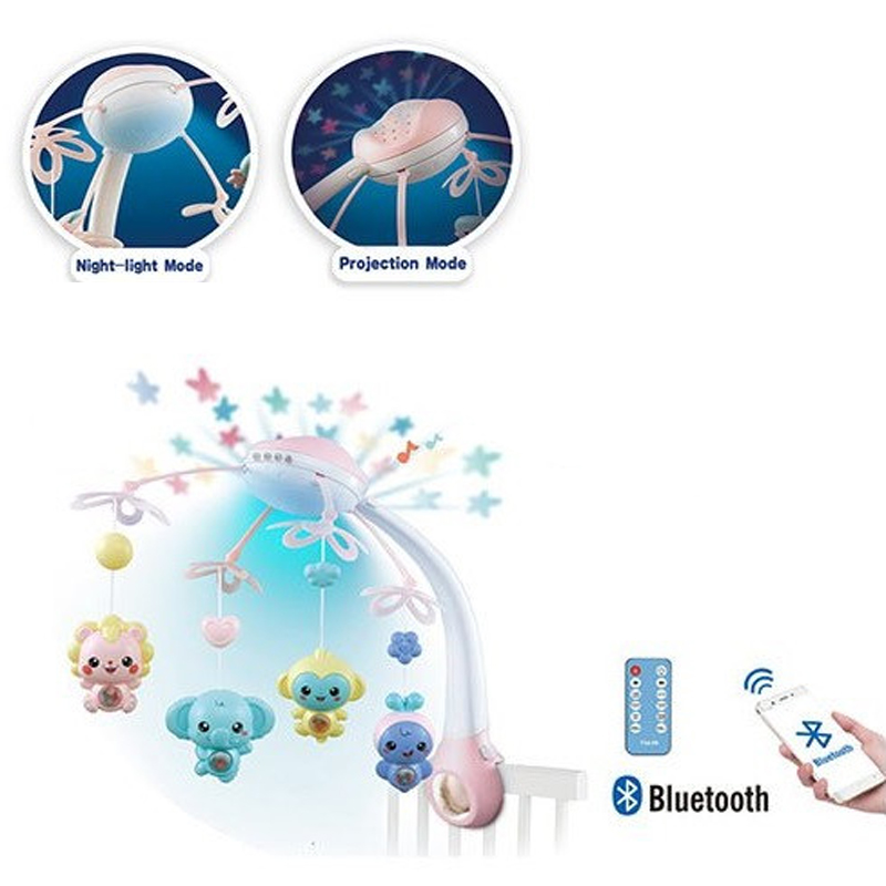 

Детский музыкальный мобиль Kissbaby с проектором ночного неба на пульте с Bluetooth "Kids Melody" яркие зверушки розовый