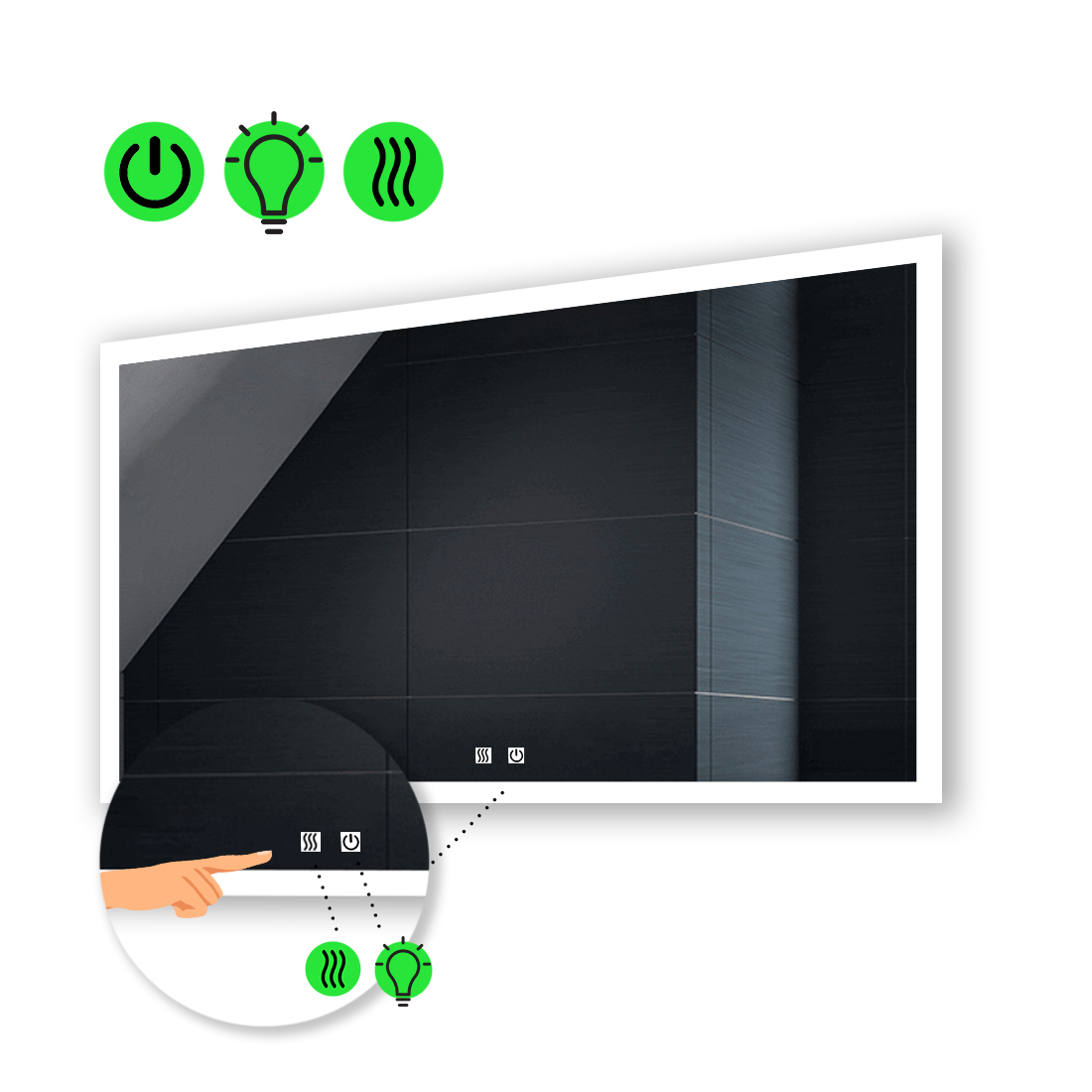 

Зеркало Simphony с Led-подсветкой, двумя сенсорными выключателями, подогревом 140x90 см