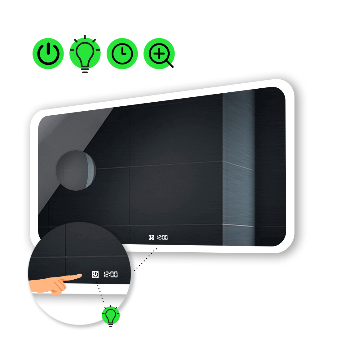 

Зеркало Ahana с Led-подсветкой, с одним сенсором, с часами, и линзой без подсветки 90x80 см