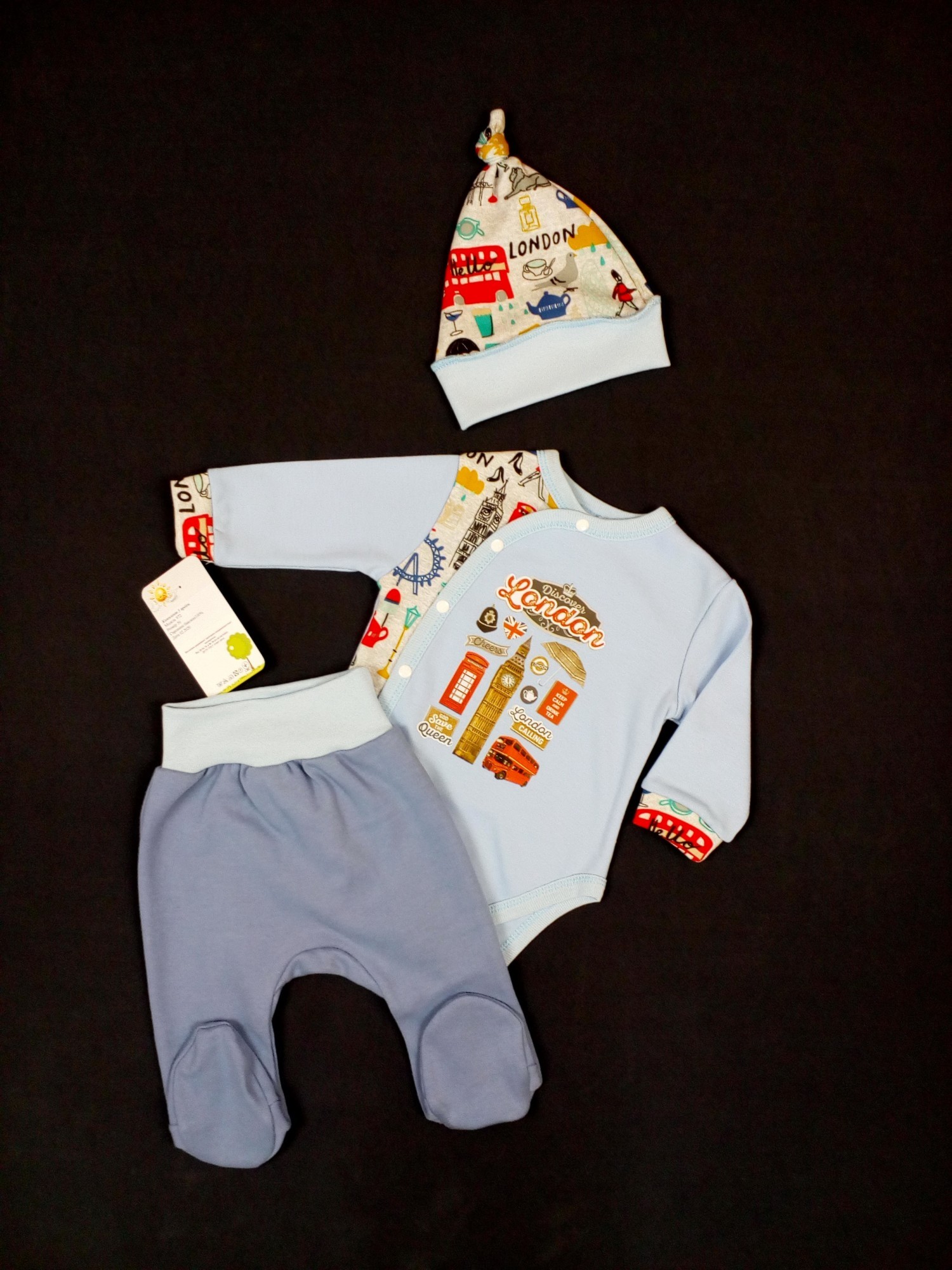 

Комплект боди + ползунки + шапочка HappyTot London 62см голубой с джинсовым 972