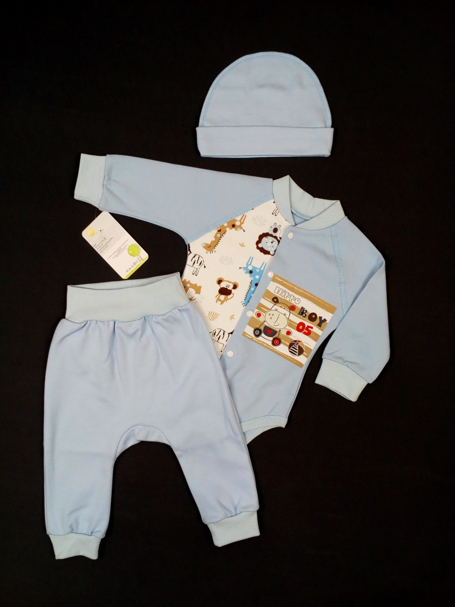 

Комплект боди + штанишки + шапочка HappyTot Hippo Boy 68см голубой 9-052н