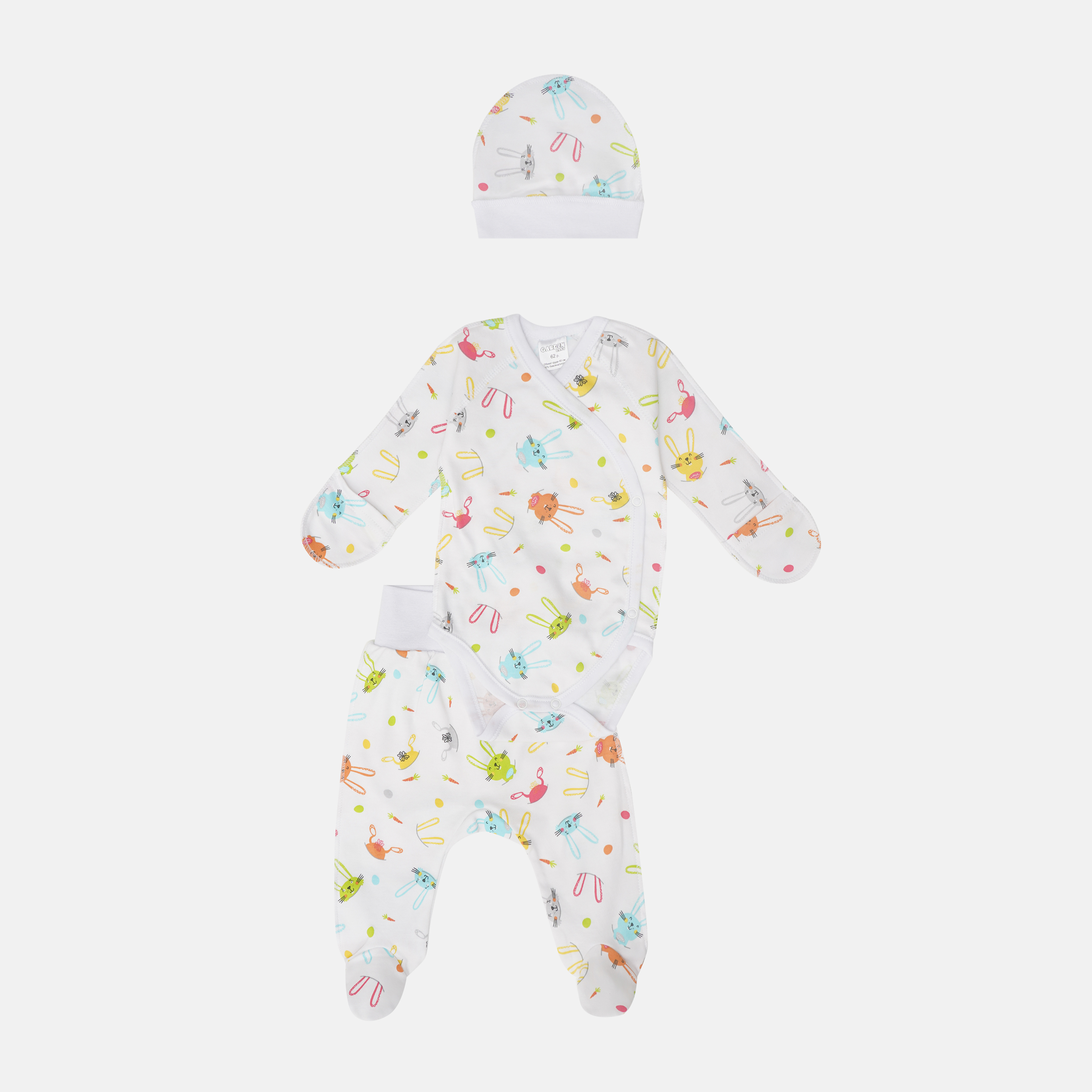 

Комплект (боди + ползунки + чепчик) Garden Baby 40195-02 62 см Цветные зайцы