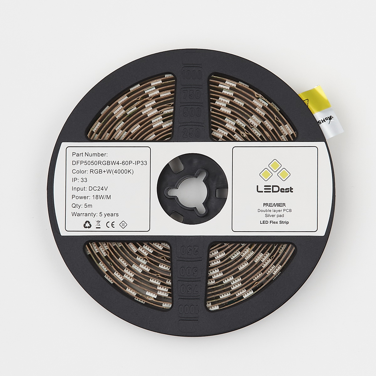 

Светодиодная лента LEDest Premier SMD 5050 24В 60шт 18Вт RGB+W 4000K IP33 10мм (DFP5050RGBW4-60P-IP33) (art.239453)