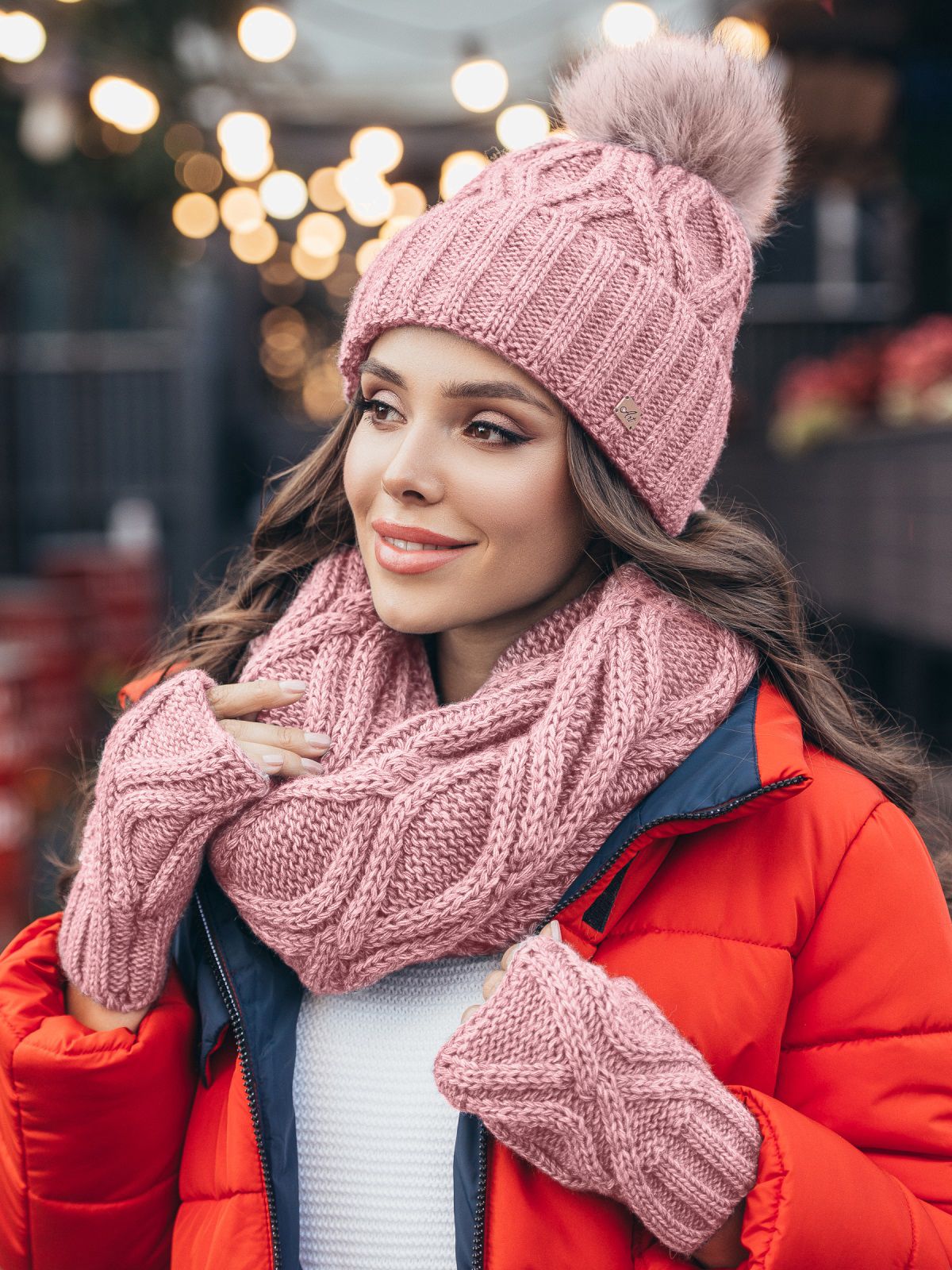 

Шапка + снуд + митенки Dressa 51128 One Size Пудровые