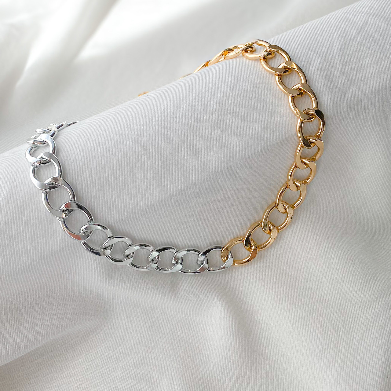 

Широкая цепь колье с крупными серебряными и золотыми звеньями Ручная Работа TK212