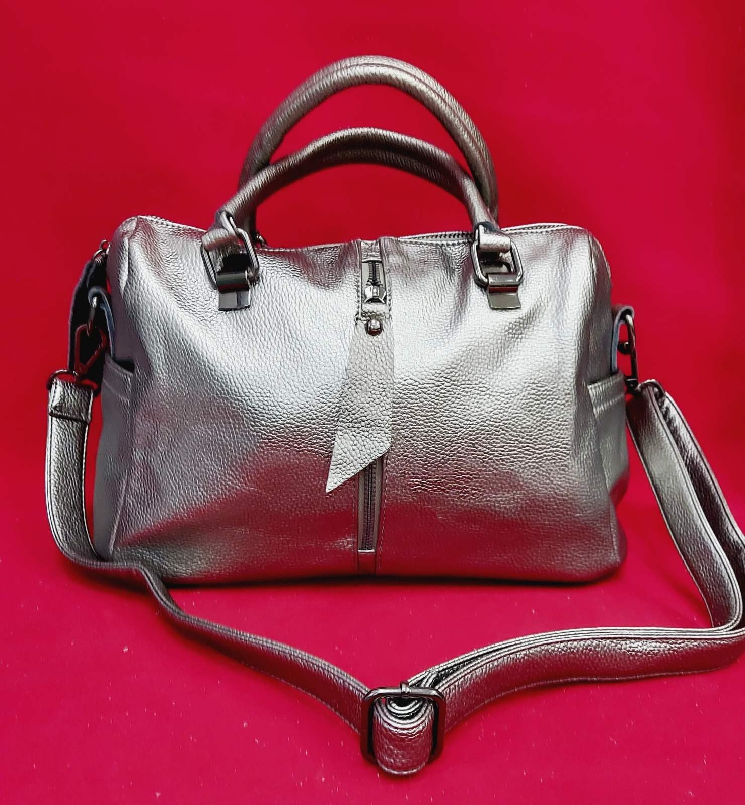 

Женская кожаная сумка натуральная зернистая кожа Princces 31х22х11см Серебряная