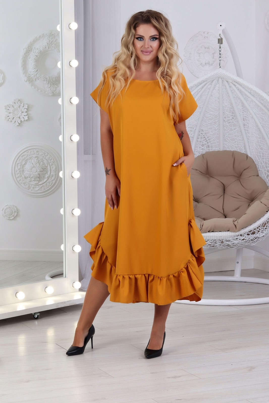 

Асимметричное платье Asphodel с оборкой внизу горчица 58 5XL