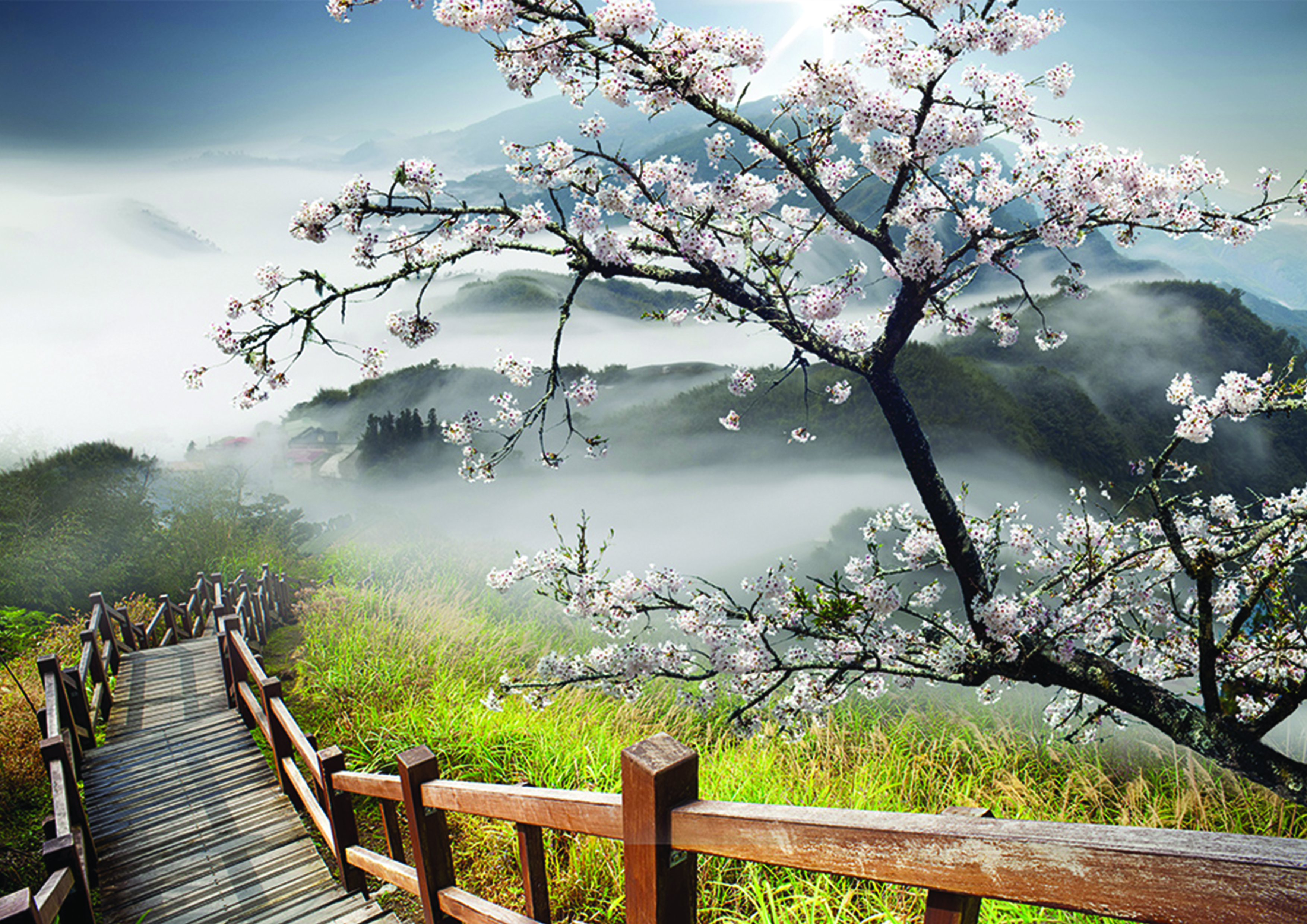 

Фотообои бумажные DecoArt Сакура+горы+деревянная лестница 368 x 254 см 4 сегмента (12022 - P8)