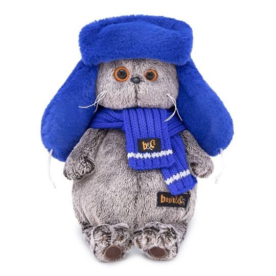 

Мягкая игрушка кот Басик в меховой шапке 25 см