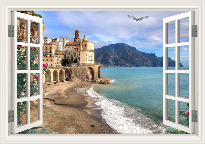 

Фотообои Динго Окно 3D Город Море №4091v
