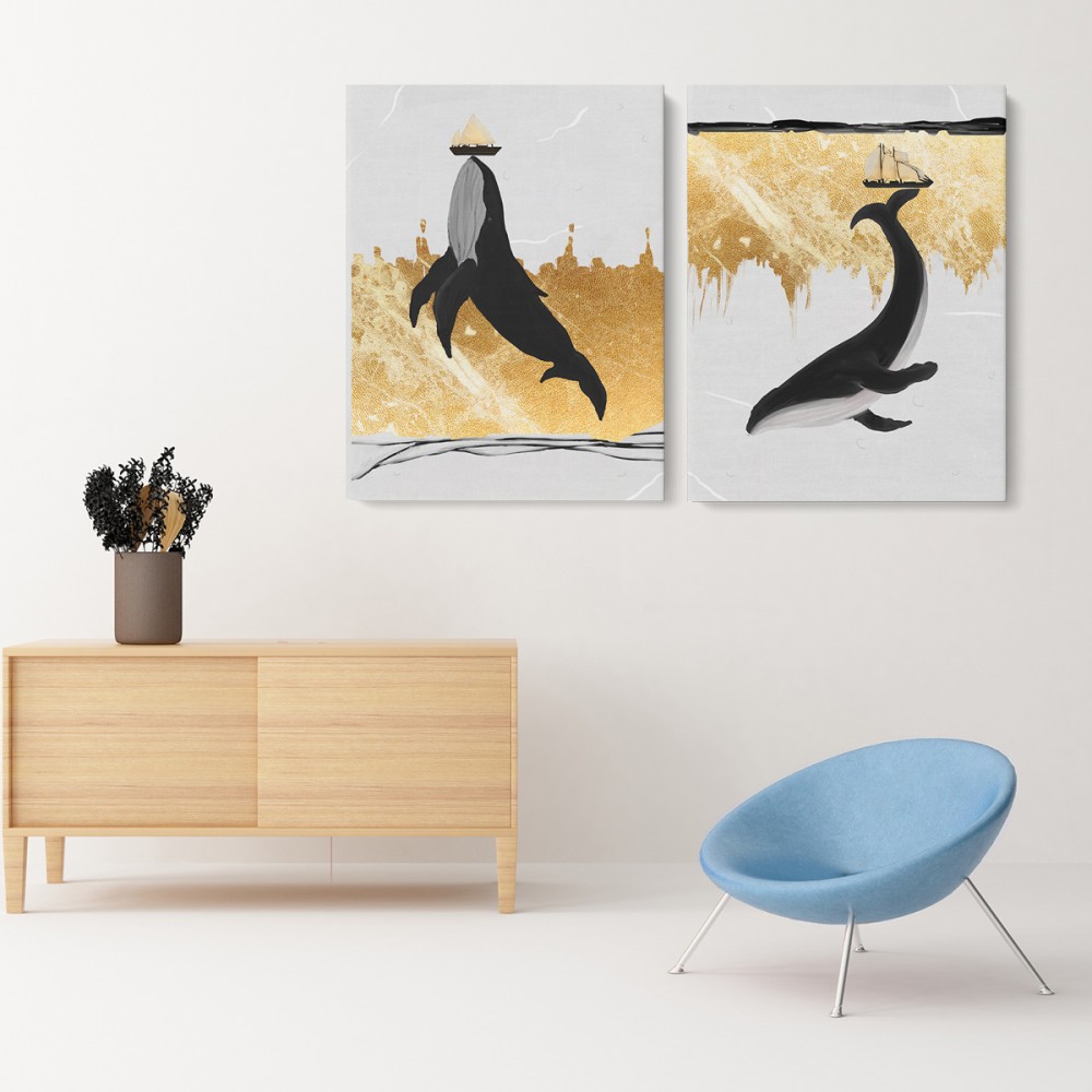 

Модульная картина из двух частей Счастливые киты 123x80 см