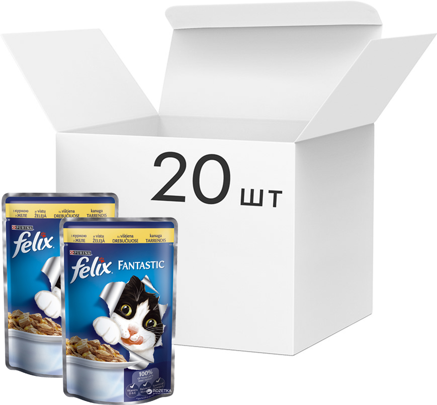 

Упаковка Влажного корма для кошек Purina Felix Fantastic в желе с курицей 20 шт по 100 г