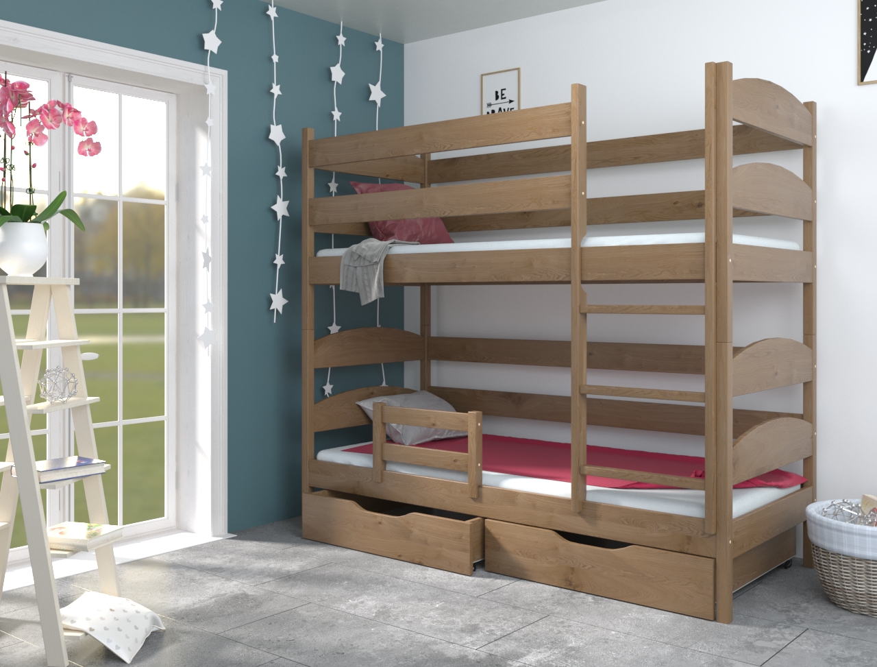 

Кровать двухъярусная из натурального дерева Лакки 80х200 с бортиком и ящиками орех светлый Luna (без матраса)