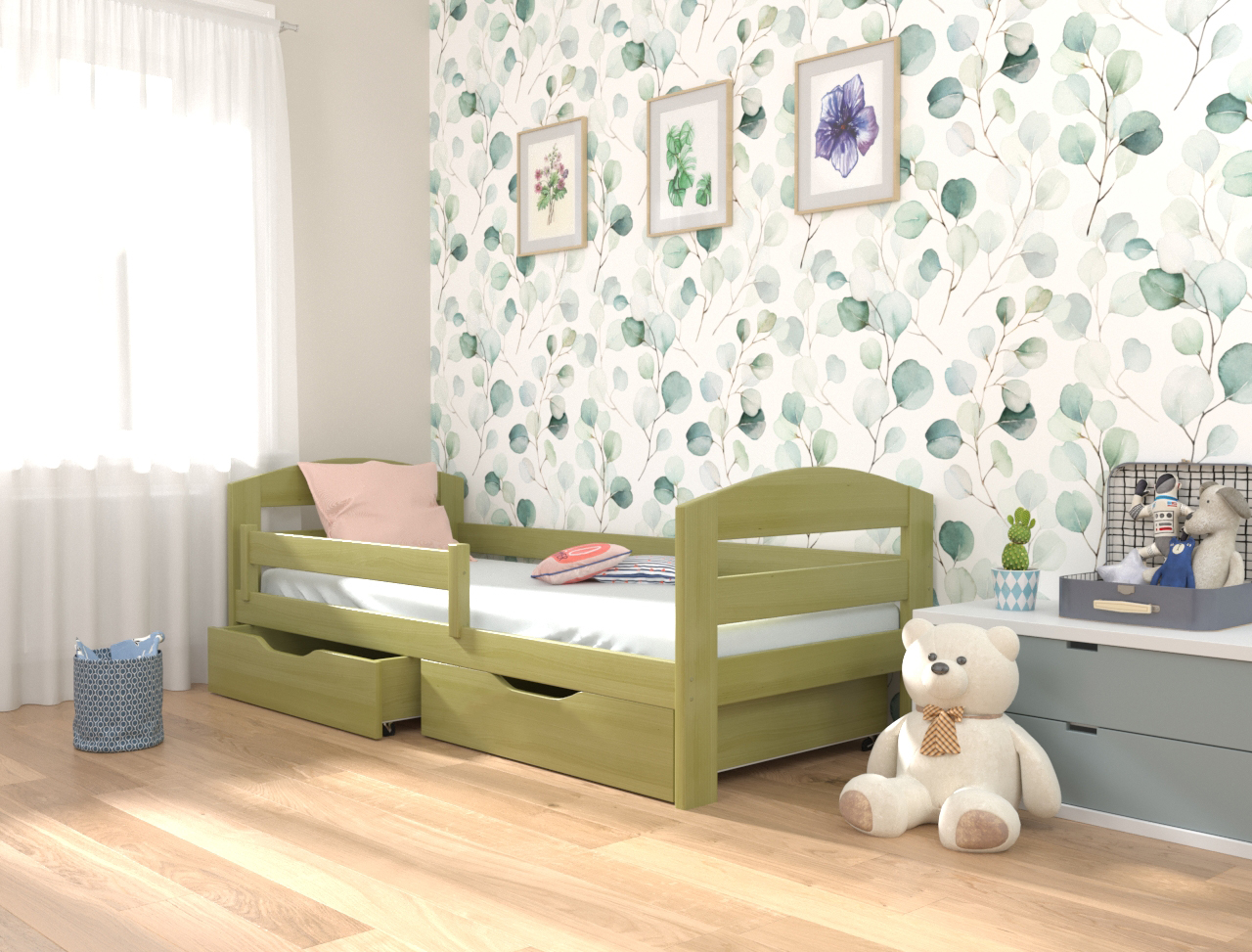 

Кровать односпальная в детскую из натурального дерева Винни 90х200 с бортиком и ящиками хаки Luna (без матраса)