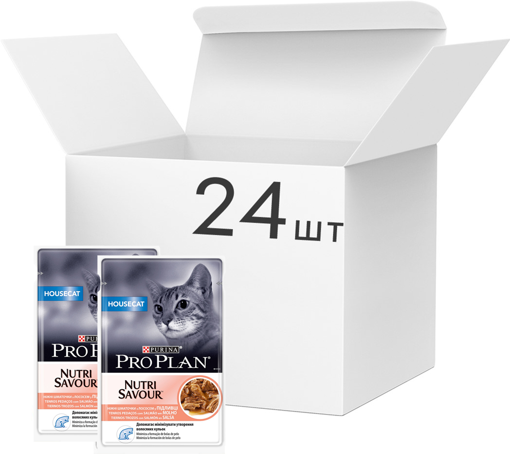 

Упаковка влажного корма для кошек Purina Pro Plan Housecat Nutrisavour с лососем 24 шт по 85 г