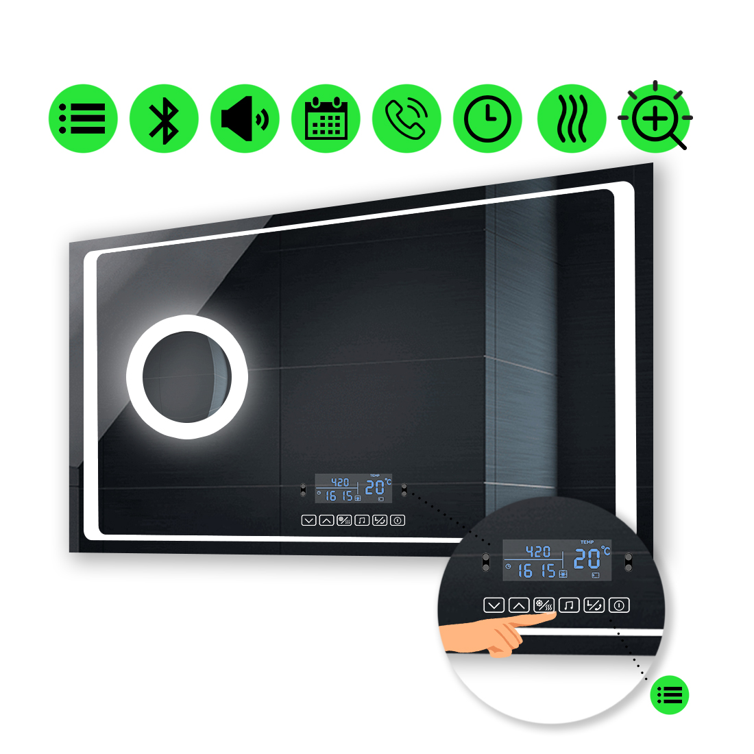 

Зеркало Emma с Led-подсветкой,с мультиблоком, линзой с подсветкою и подогревом 140x90 см