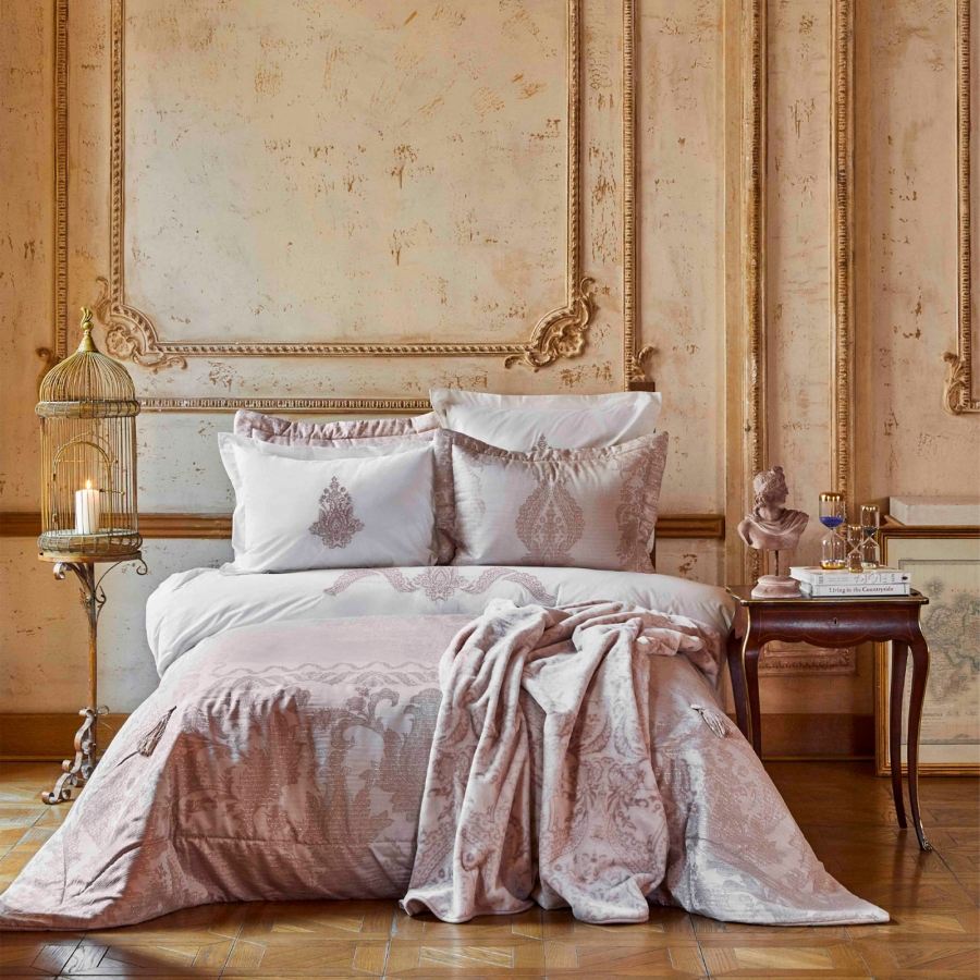 

Набор постельное белье с покрывалом + плед Karaca Home - Adrila rosegold золотисто-розовый евро (svt-2000022273213)