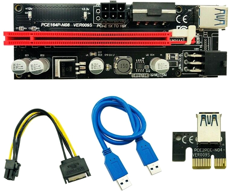 

Райзер Voltronic PCI-EX, x1 => x16, 4-pin/6-pin, SATA => 6Pin, USB 3.0 AM-AM 0.6 м Чорний (PCE164P-N08/VER 009S)