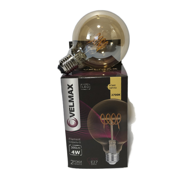 

Светодиодная ретро лампочка VELMAX V-Filament-Amber-G95-Спираль-G, E27, 4W, LED, 300Lm, 2700К (4710)