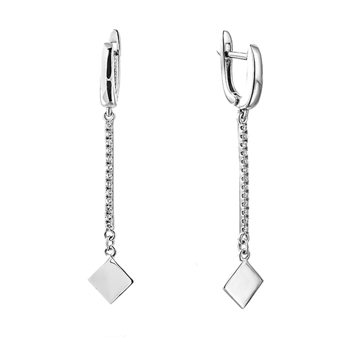 

Серебряные серьги с подвеской в виде ромба и дорожкой из белых фианитов 000116636