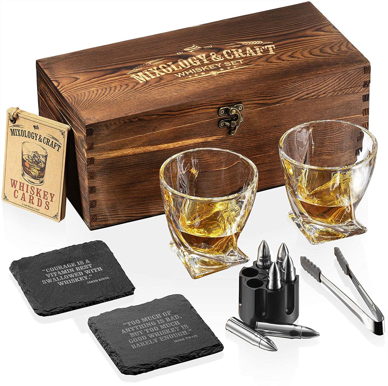 

Подарочный набор для виски Mixology & Craft в деревянной коробке + 2 витых бокала + 6 патронов для охлаждения + 2 каменные подставки под бокалы + щипци + мешочек для хранениния