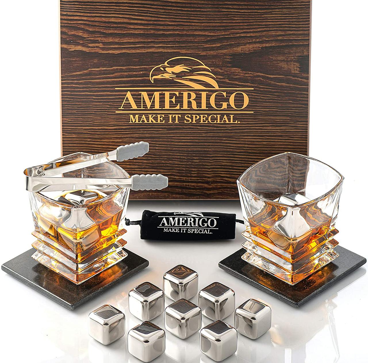 

Подарочный набор для виски Amerigo в деревянной коробке + 2 бокала + 8 стальных кубиков охлаждения + 2 каменные подставки +щипцы + мешочек для хранения камней